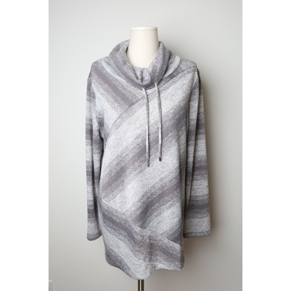 Weekends by Chico's Women Size 2 (Large) Grey Asymmetrical Striped Cowl Sweater